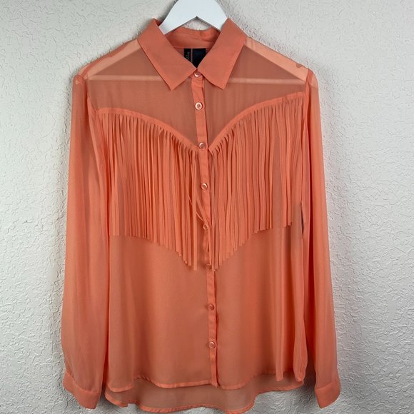 NWT BISOU BISOU Womens L Peach Semi Sheer Fringe Long Sleeve Button Down Shirt - Picture 2 of 7
